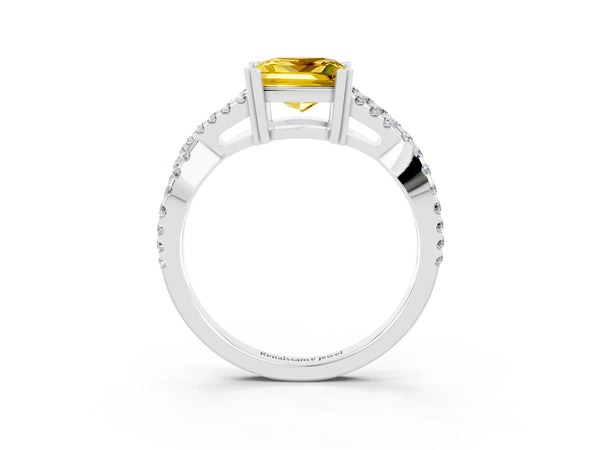 Platinum Princess Cut Yellow Sapphire Solitaire Ring with Four-Prong Setting and Twisted Pavé Band