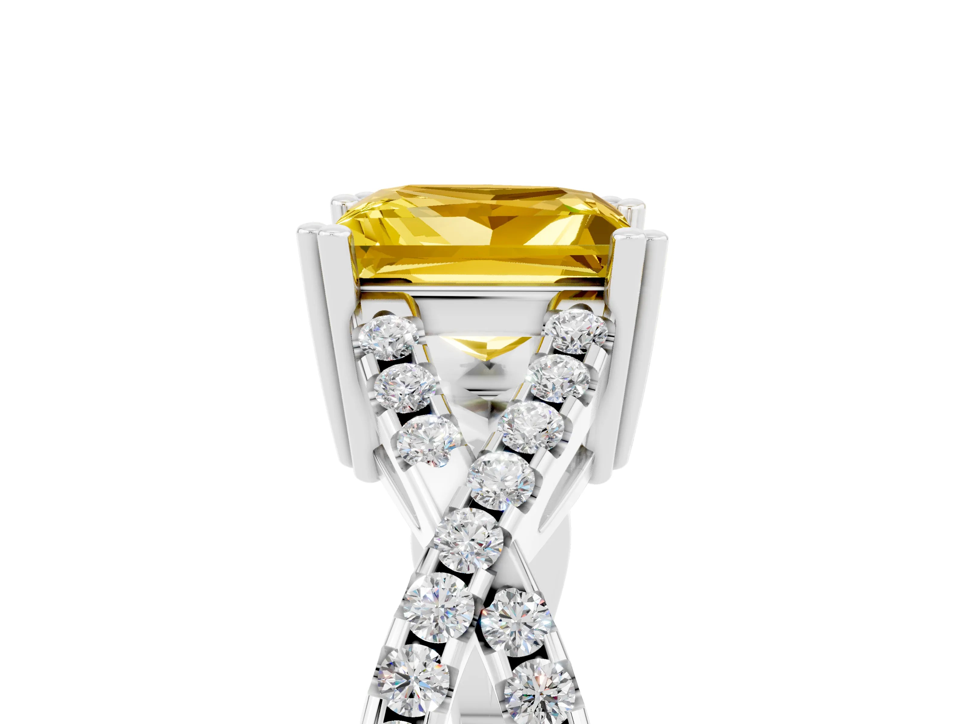 White gold Princess Cut Yellow Sapphire Solitaire Ring with Four-Prong Setting and Twisted Pavé Band_17