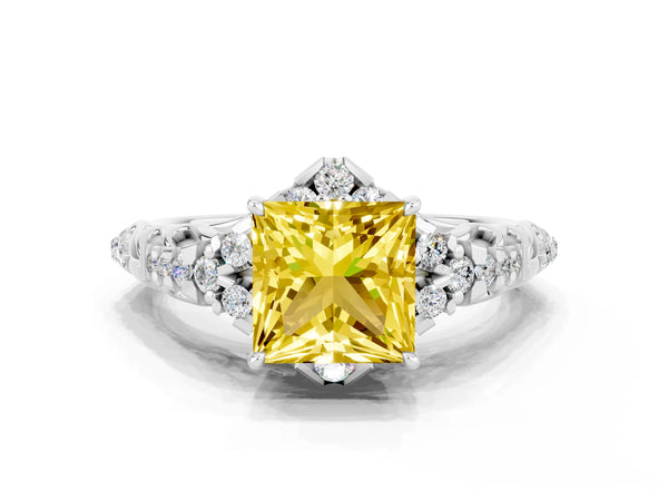 Silver Princess Cut Yellow Sapphire Solitaire Ring with Hidden Halo and Pavé Band
