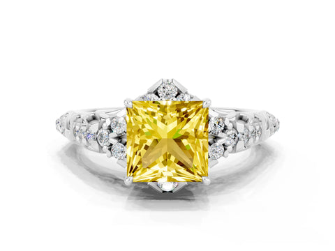White gold Princess Cut Yellow Sapphire Solitaire Ring with Hidden Halo and Pavé Band_12