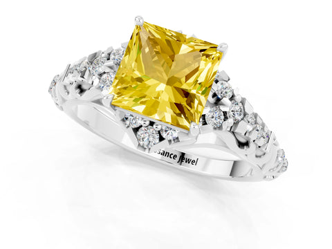White gold Princess Cut Yellow Sapphire Solitaire Ring with Hidden Halo and Pavé Band_13