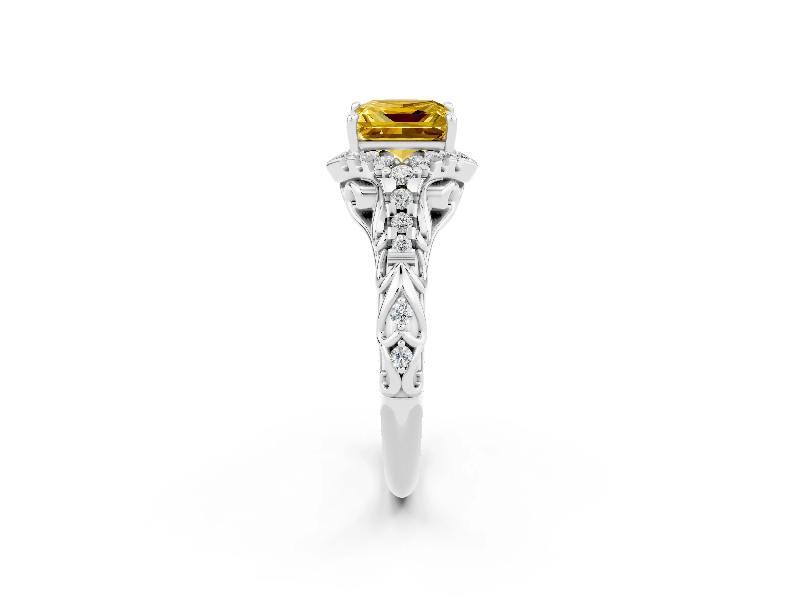 White gold Princess Cut Yellow Sapphire Solitaire Ring with Hidden Halo and Pavé Band_14