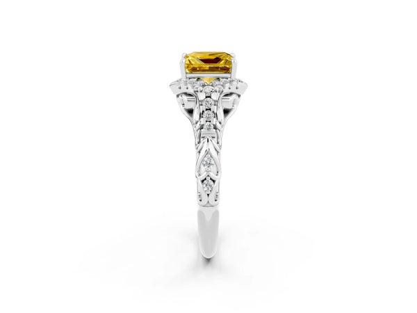 Platinum Princess Cut Yellow Sapphire Solitaire Ring with Hidden Halo and Pavé Band