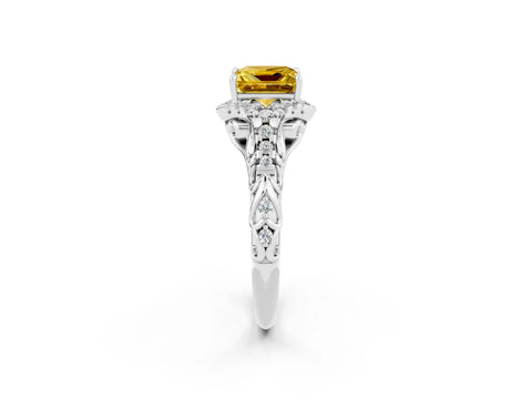 White gold Princess Cut Yellow Sapphire Solitaire Ring with Hidden Halo and Pavé Band_14