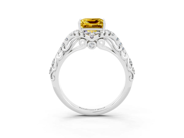 White gold Princess Cut Yellow Sapphire Solitaire Ring with Hidden Halo and Pavé Band