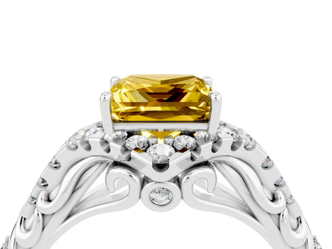 White gold Princess Cut Yellow Sapphire Solitaire Ring with Hidden Halo and Pavé Band_16