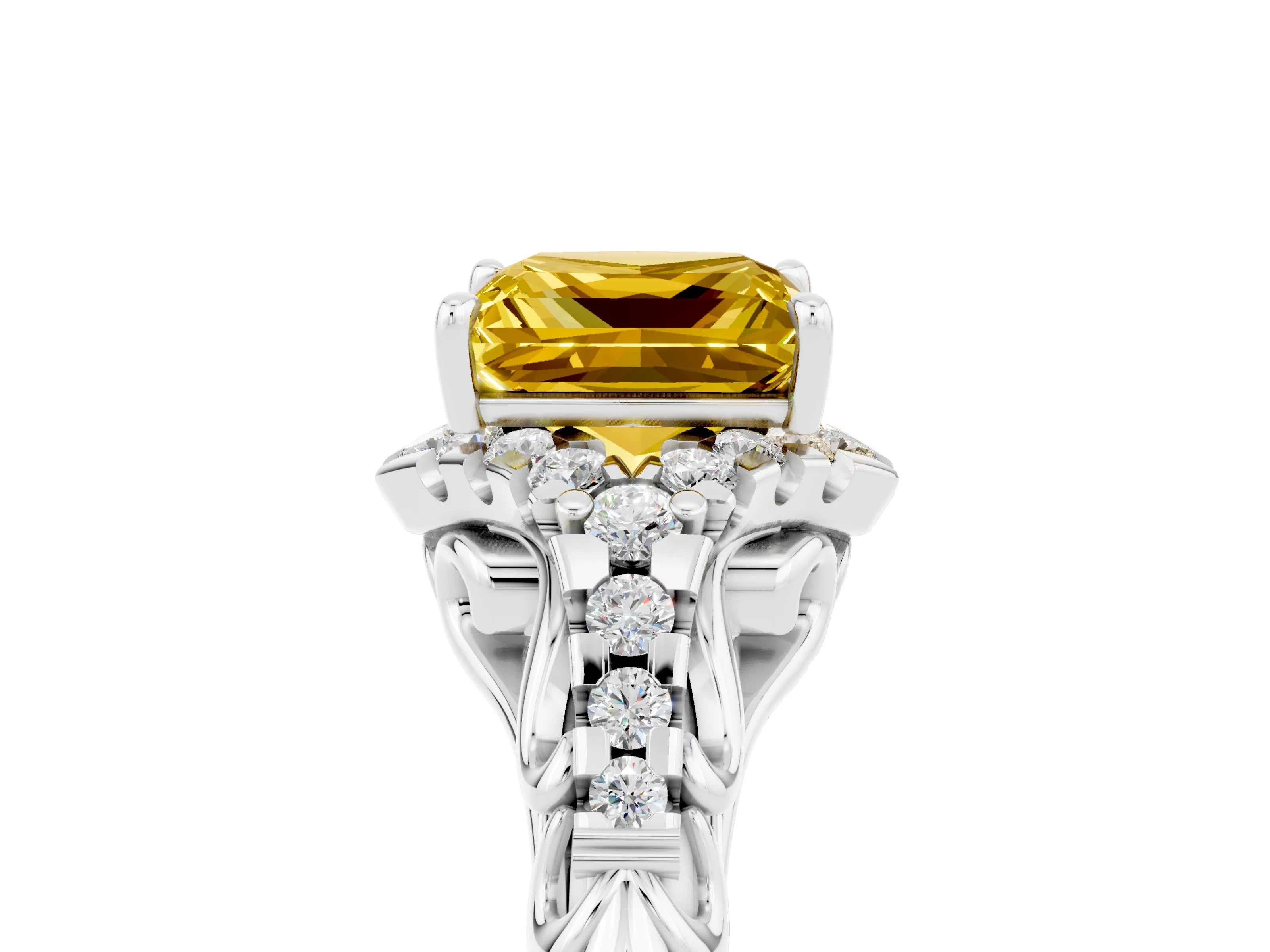 White gold Princess Cut Yellow Sapphire Solitaire Ring with Hidden Halo and Pavé Band_17