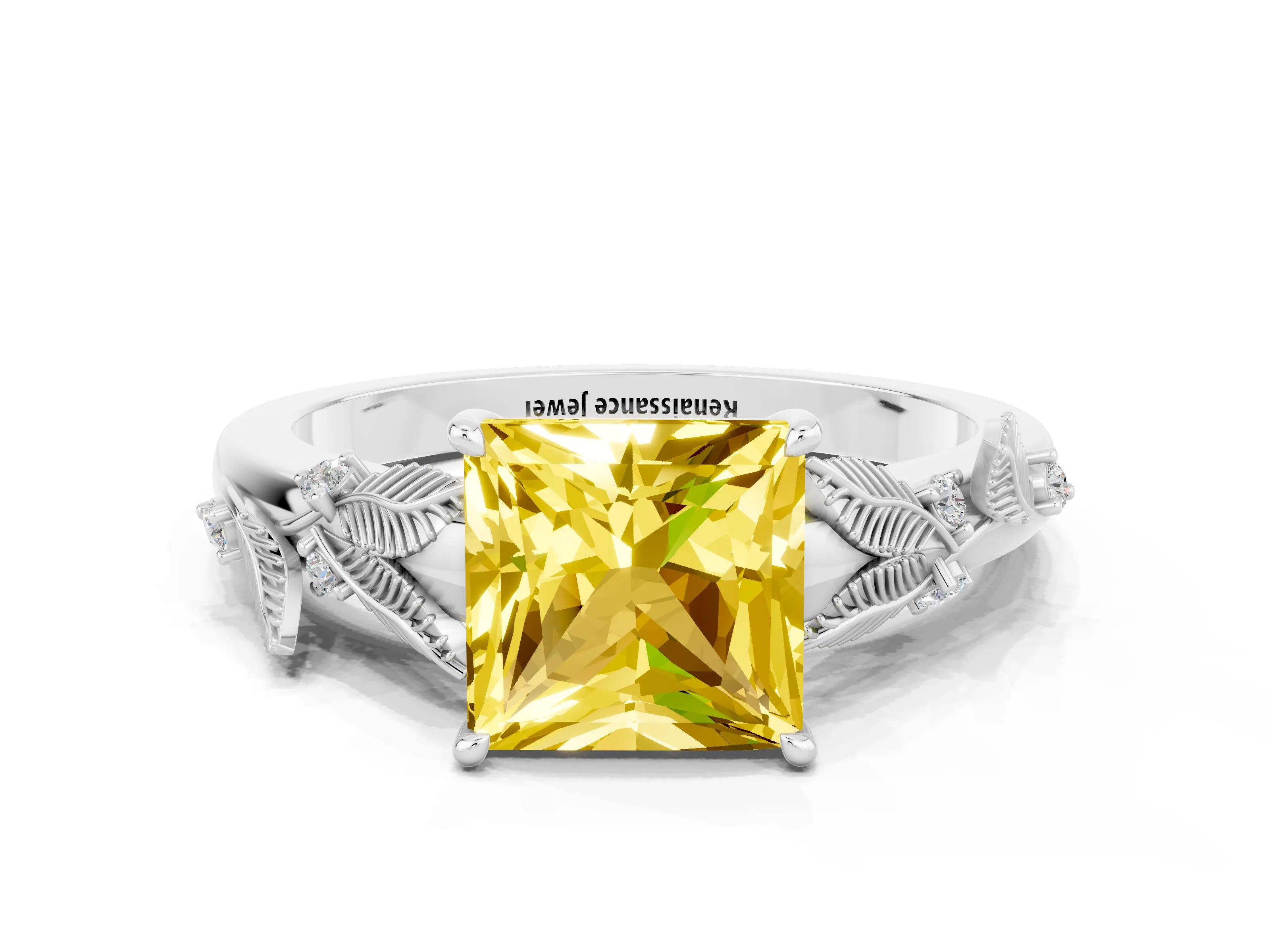 White gold Princess Cut Yellow Sapphire Solitaire Ring with Leaf Motif Band and Four-Prong Setting