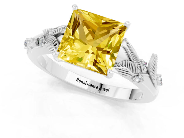 White gold Princess Cut Yellow Sapphire Solitaire Ring with Leaf Motif Band and Four-Prong Setting