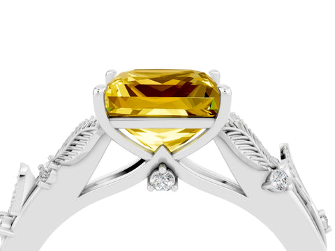 White gold Princess Cut Yellow Sapphire Solitaire Ring with Leaf Motif Band and Four-Prong Setting_16