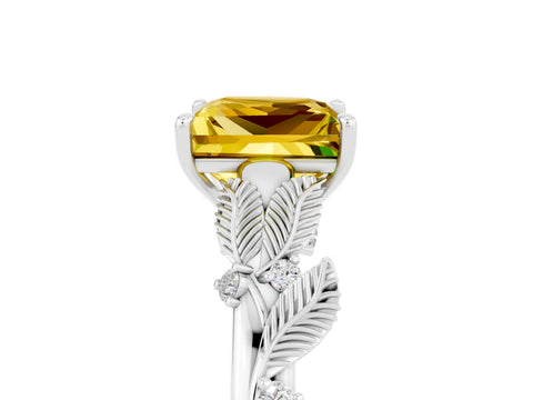 White gold Princess Cut Yellow Sapphire Solitaire Ring with Leaf Motif Band and Four-Prong Setting_17