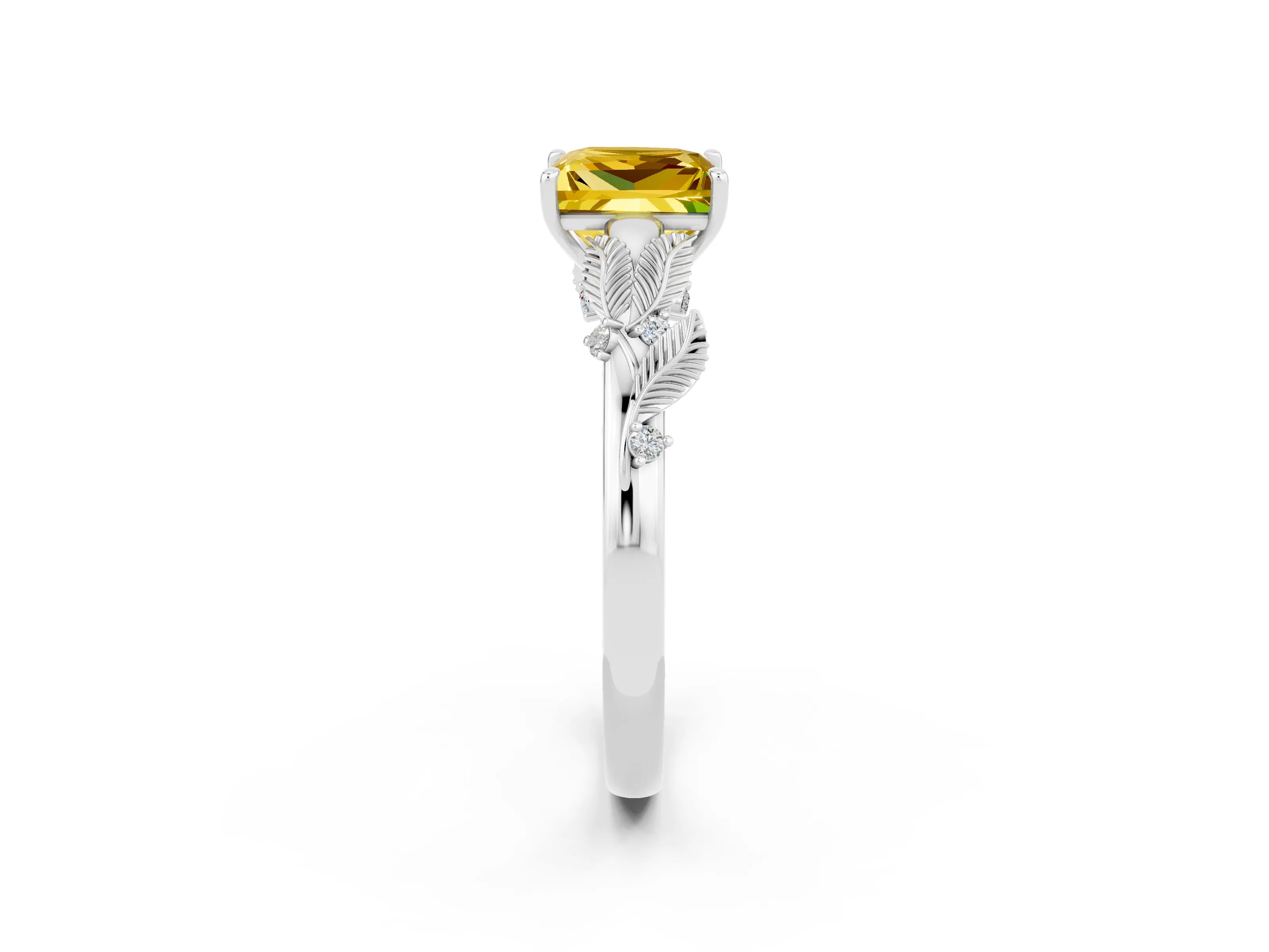 White gold Princess Cut Yellow Sapphire Solitaire Ring with Leaf Motif Band and Four-Prong Setting_2