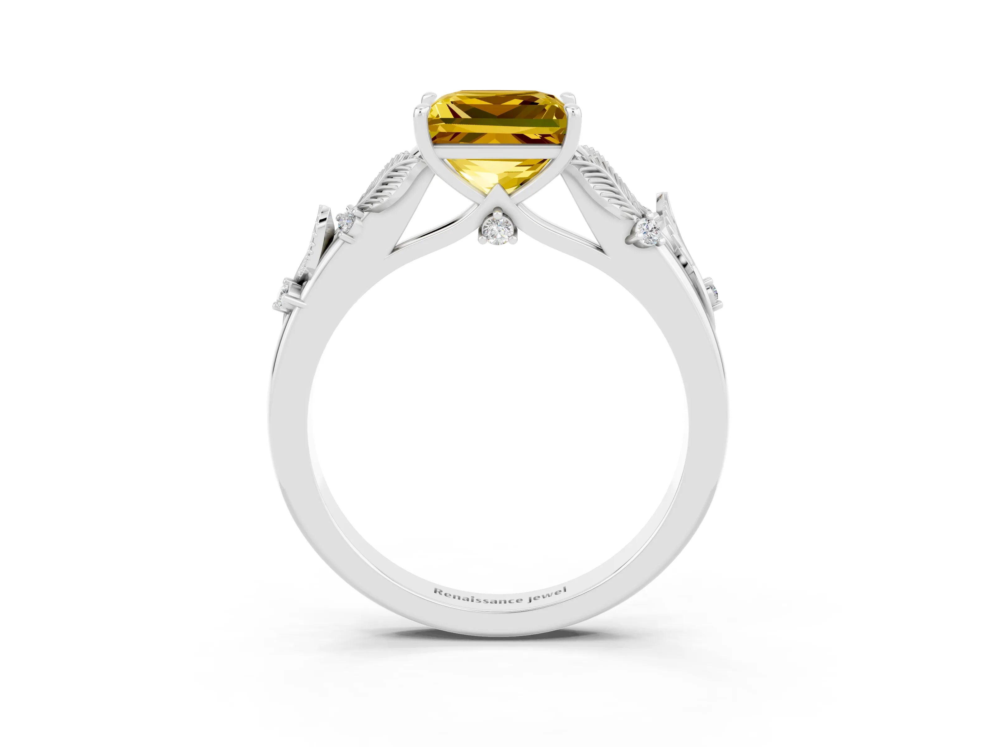 White gold Princess Cut Yellow Sapphire Solitaire Ring with Leaf Motif Band and Four-Prong Setting_3