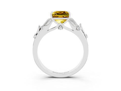White gold Princess Cut Yellow Sapphire Solitaire Ring with Leaf Motif Band and Four-Prong Setting_3