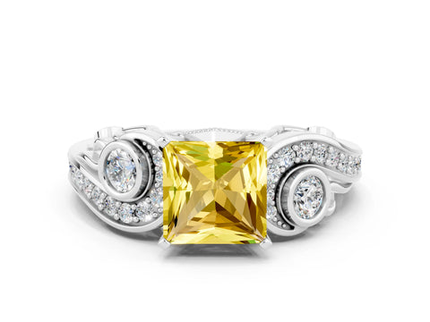 White gold Princess Cut Yellow Sapphire Solitaire Ring with Milgrain Pavé Band and Four-Prong Setting_12