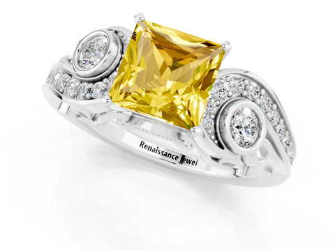 White gold Princess Cut Yellow Sapphire Solitaire Ring with Milgrain Pavé Band and Four-Prong Setting_13