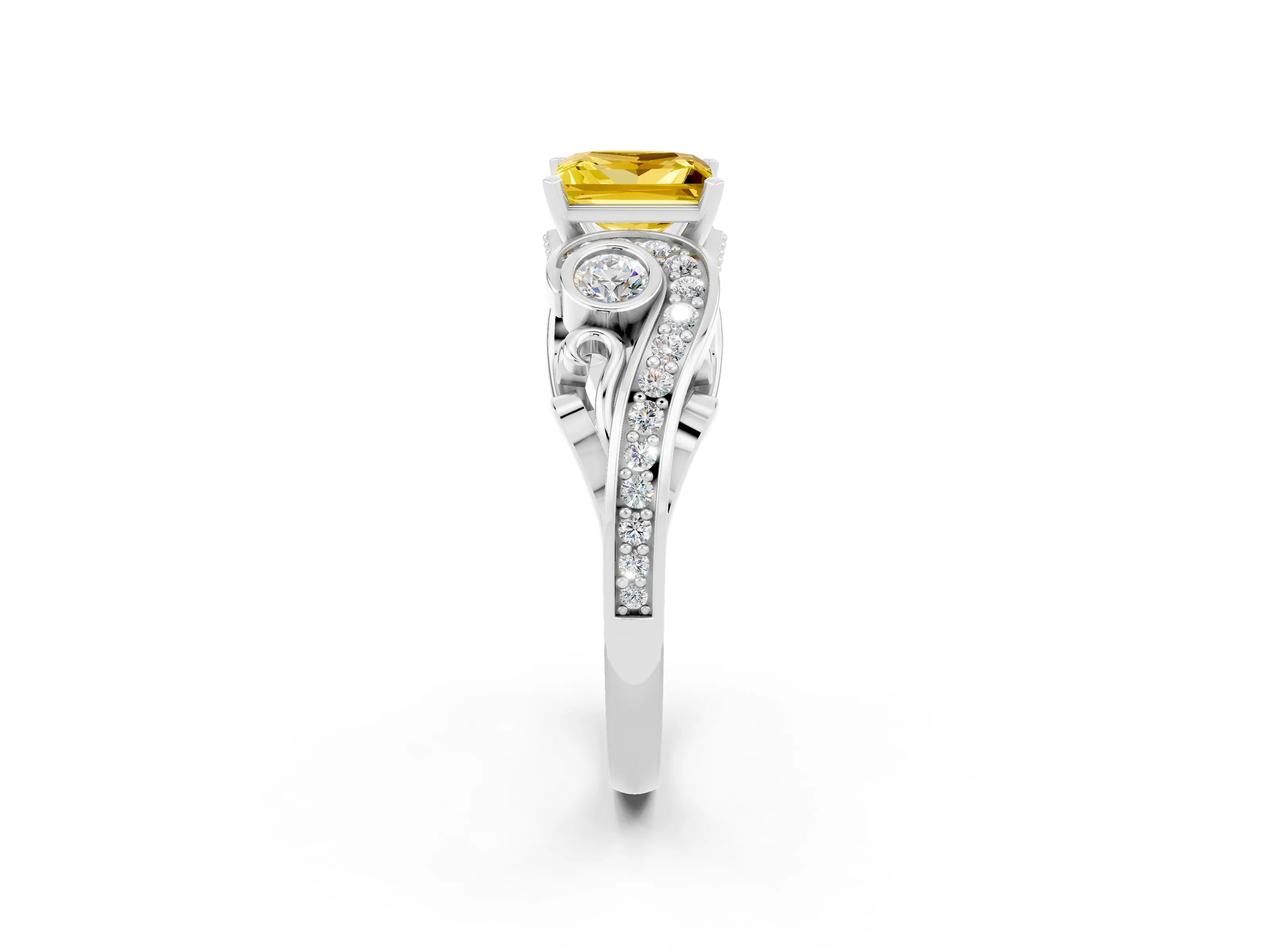 White gold Princess Cut Yellow Sapphire Solitaire Ring with Milgrain Pavé Band and Four-Prong Setting_14