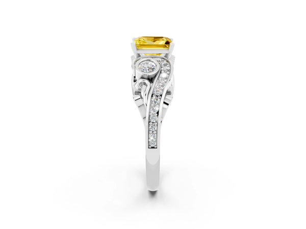 Silver Princess Cut Yellow Sapphire Solitaire Ring with Milgrain Pavé Band and Four-Prong Setting
