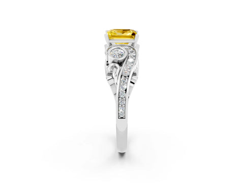 White gold Princess Cut Yellow Sapphire Solitaire Ring with Milgrain Pavé Band and Four-Prong Setting_14