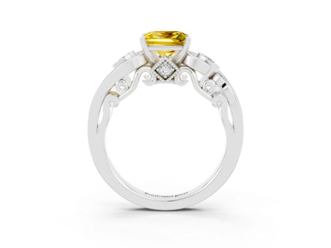 White gold Princess Cut Yellow Sapphire Solitaire Ring with Milgrain Pavé Band and Four-Prong Setting_15