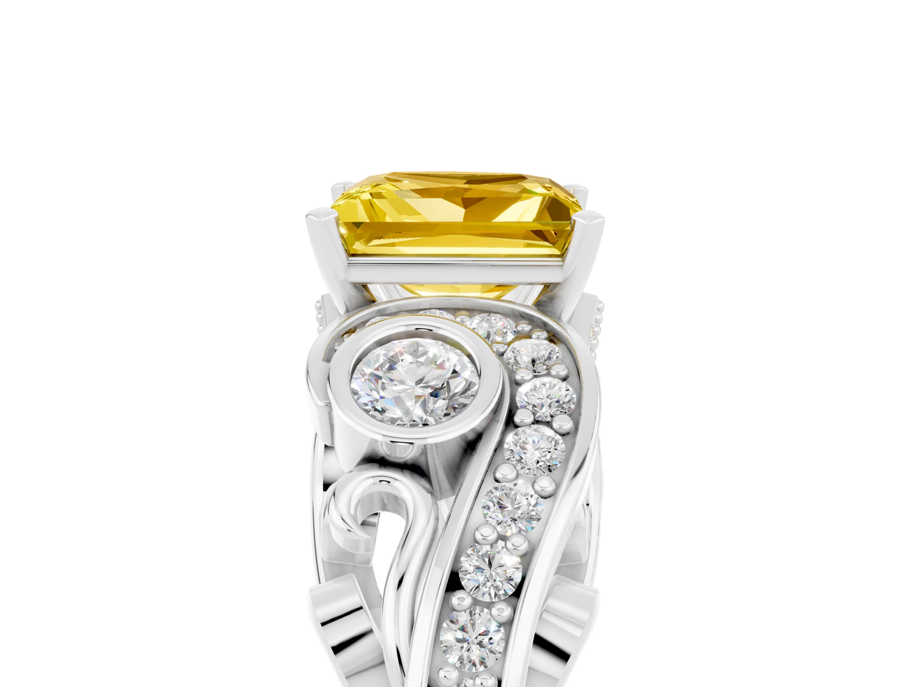 White gold Princess Cut Yellow Sapphire Solitaire Ring with Milgrain Pavé Band and Four-Prong Setting_17