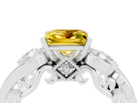 White gold Princess Cut Yellow Sapphire Solitaire Ring with Milgrain Pavé Band and Four-Prong Setting_52