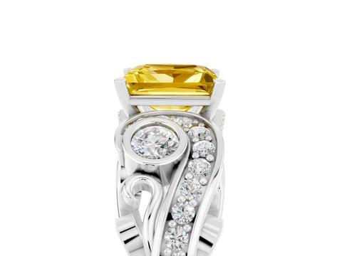 White gold Princess Cut Yellow Sapphire Solitaire Ring with Milgrain Pavé Band and Four-Prong Setting_53