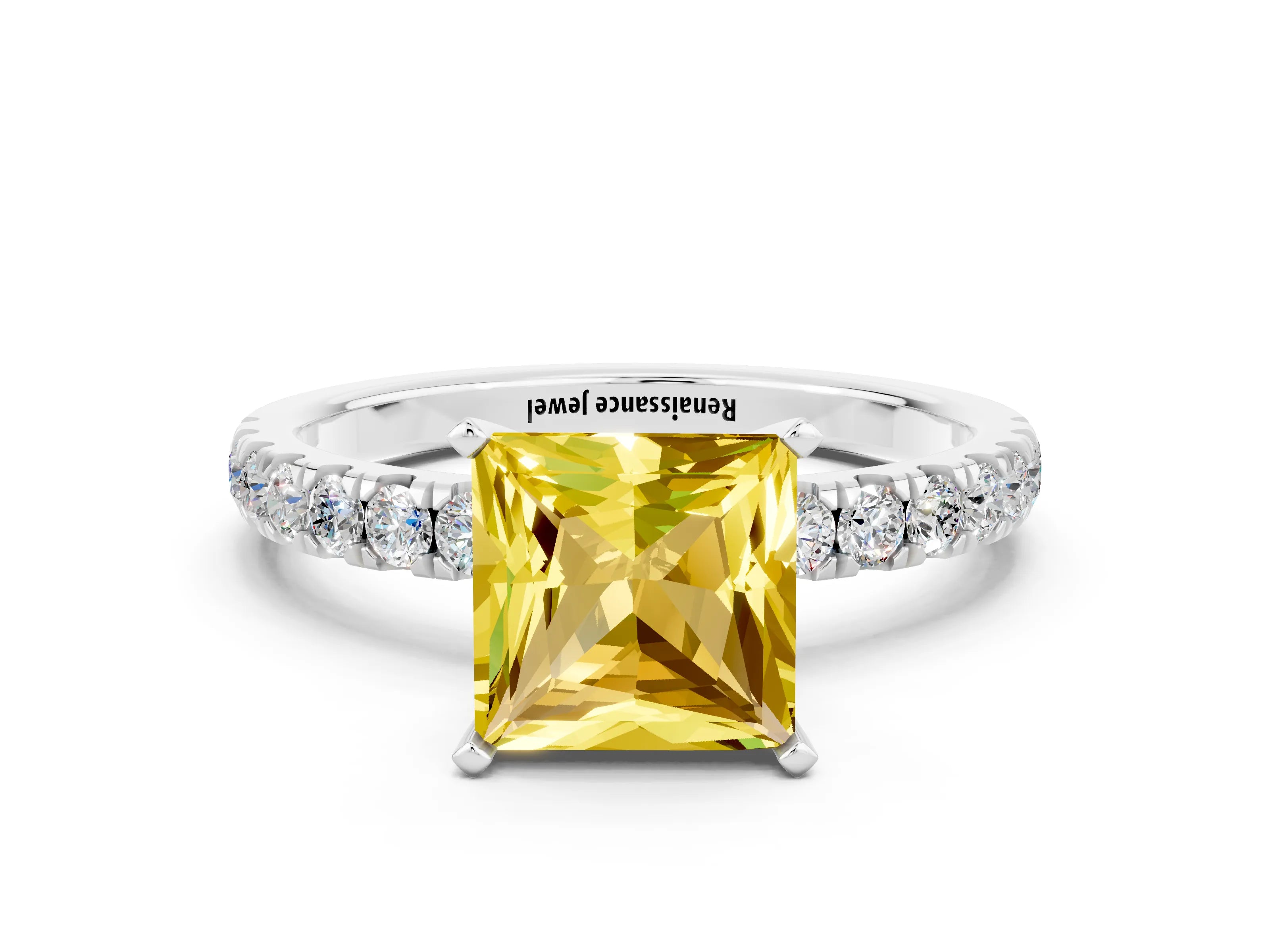 White gold Princess Cut Yellow Sapphire Solitaire Ring with Pavé Accents and Four-Prong Setting_24