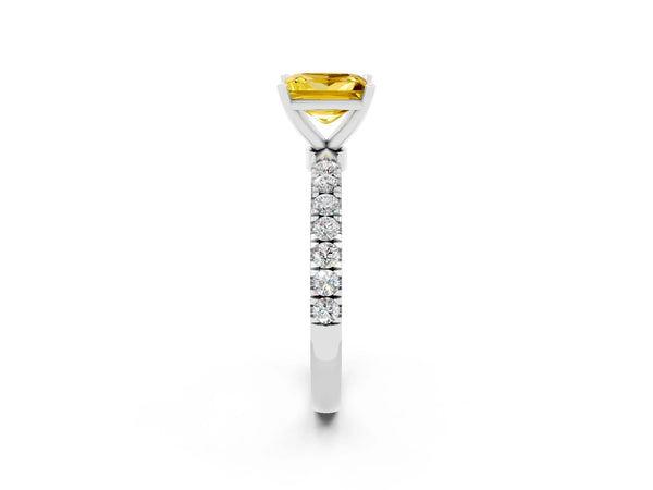 White gold Princess Cut Yellow Sapphire Solitaire Ring with Pavé Accents and Four-Prong Setting