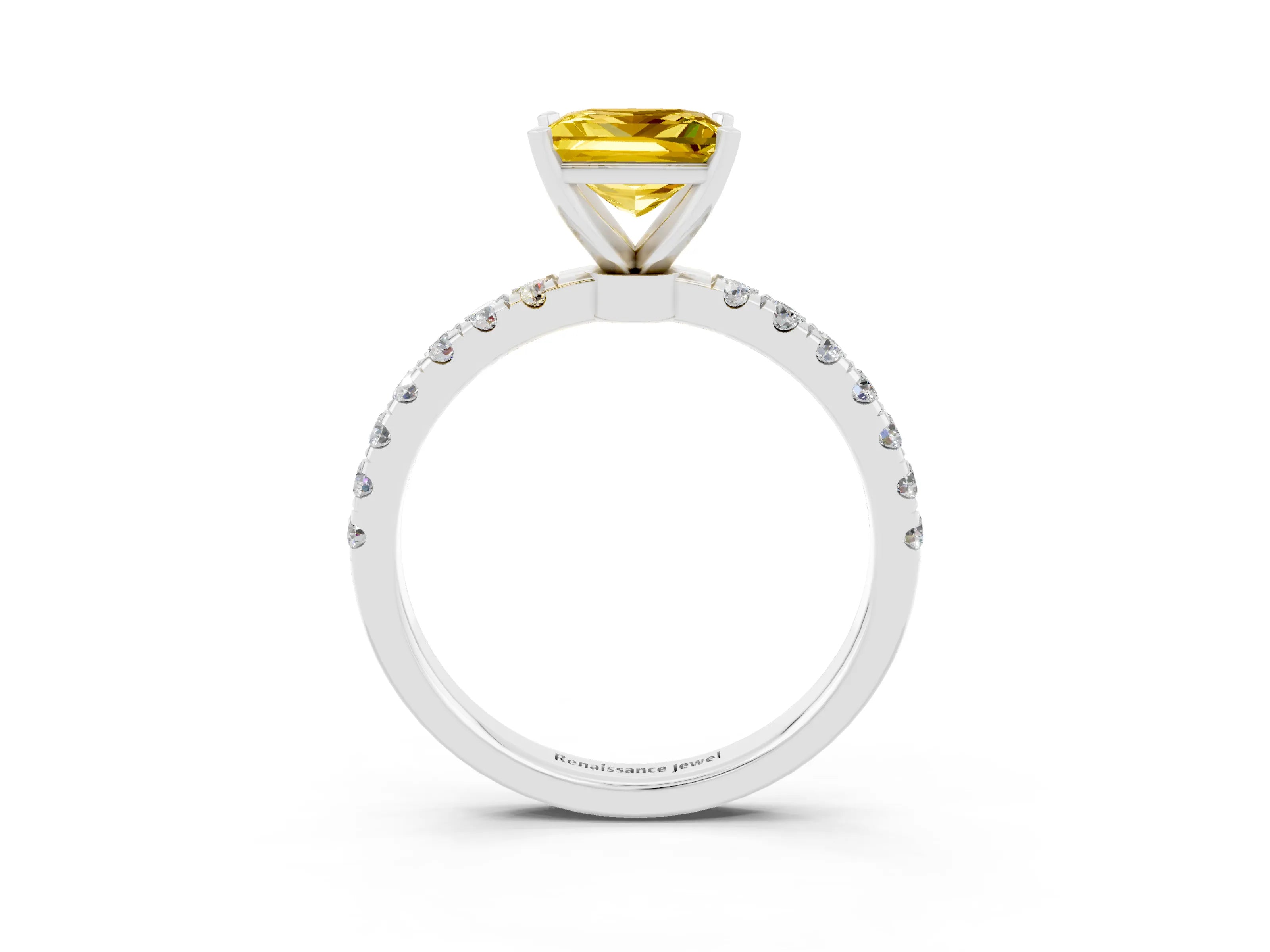 White gold Princess Cut Yellow Sapphire Solitaire Ring with Pavé Accents and Four-Prong Setting_27