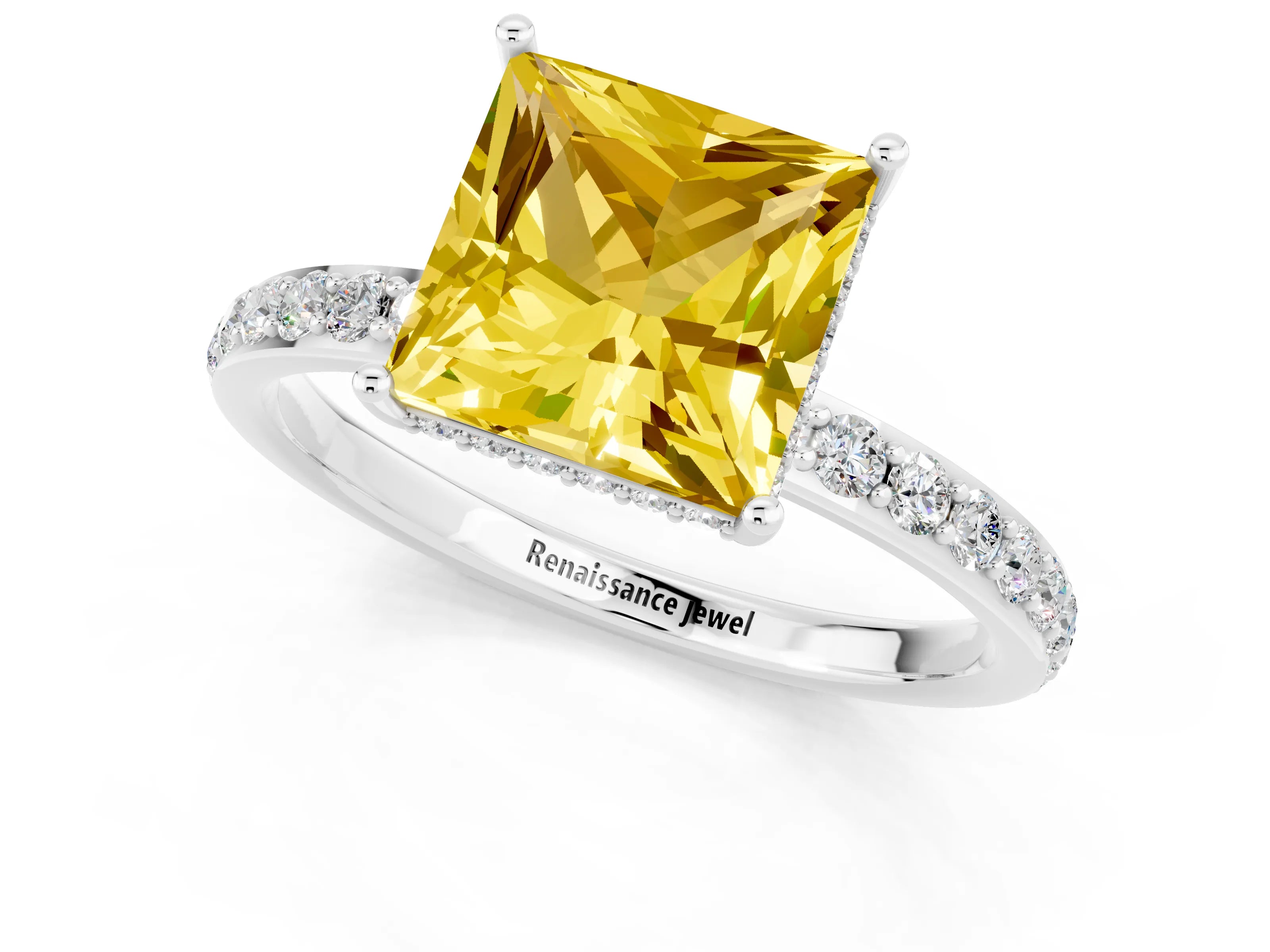 White gold Princess Cut Yellow Sapphire Solitaire Ring with Pavé Band and Hidden Halo_1