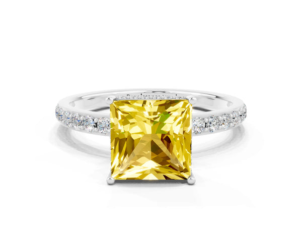 White gold Princess Cut Yellow Sapphire Solitaire Ring with Pavé Band and Hidden Halo