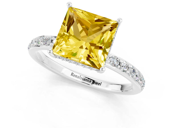 White gold Princess Cut Yellow Sapphire Solitaire Ring with Pavé Band and Hidden Halo