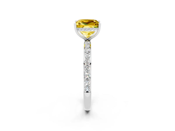 Silver Princess Cut Yellow Sapphire Solitaire Ring with Pavé Band and Hidden Halo