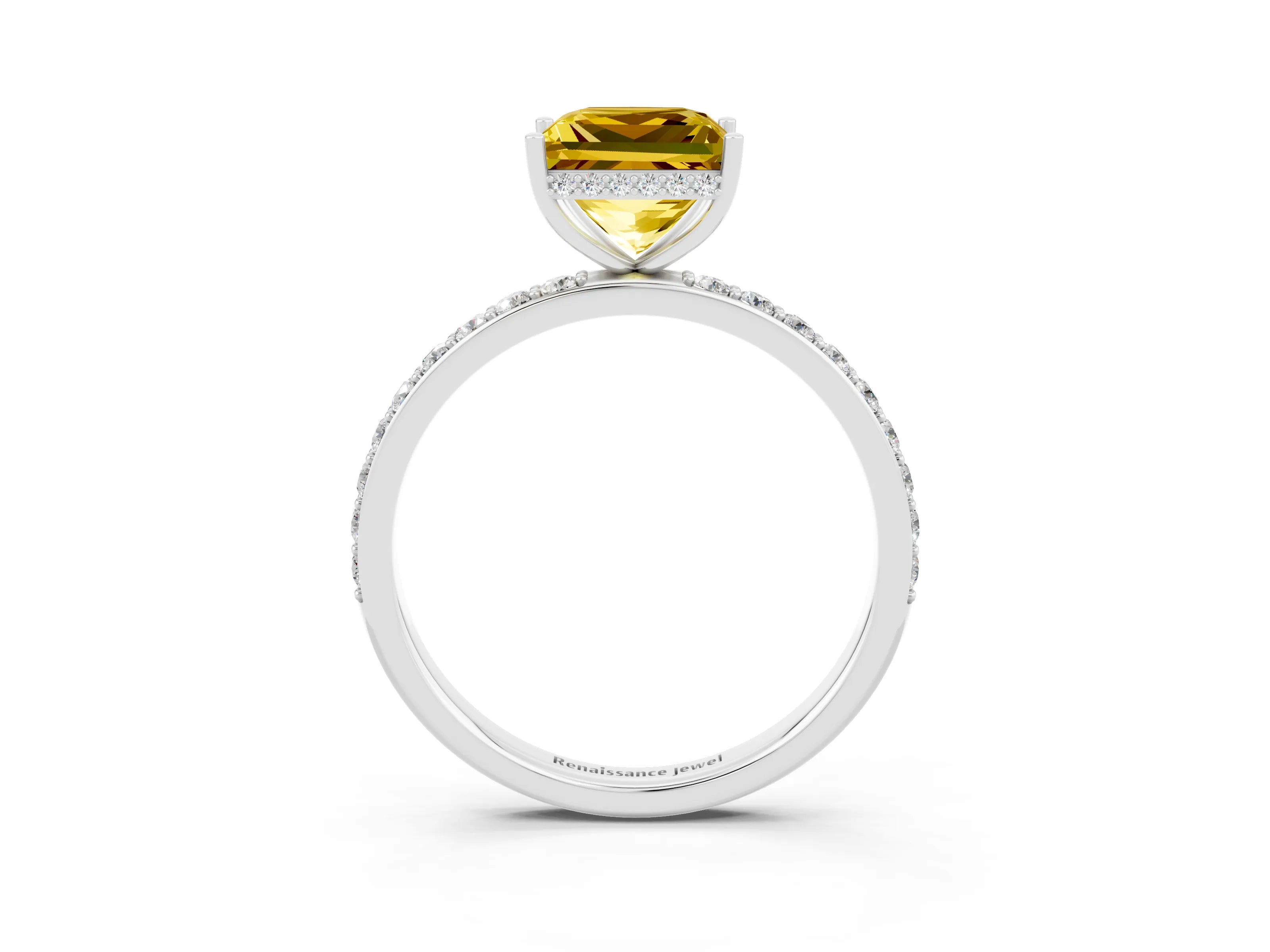 White gold Princess Cut Yellow Sapphire Solitaire Ring with Pavé Band and Hidden Halo_3