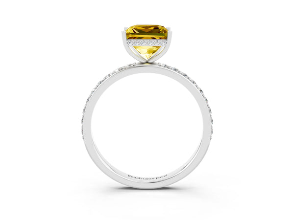 Silver Princess Cut Yellow Sapphire Solitaire Ring with Pavé Band and Hidden Halo