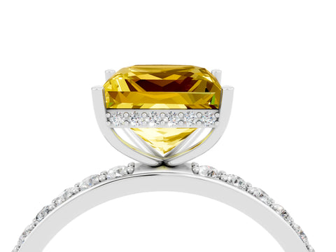 White gold Princess Cut Yellow Sapphire Solitaire Ring with Pavé Band and Hidden Halo_4