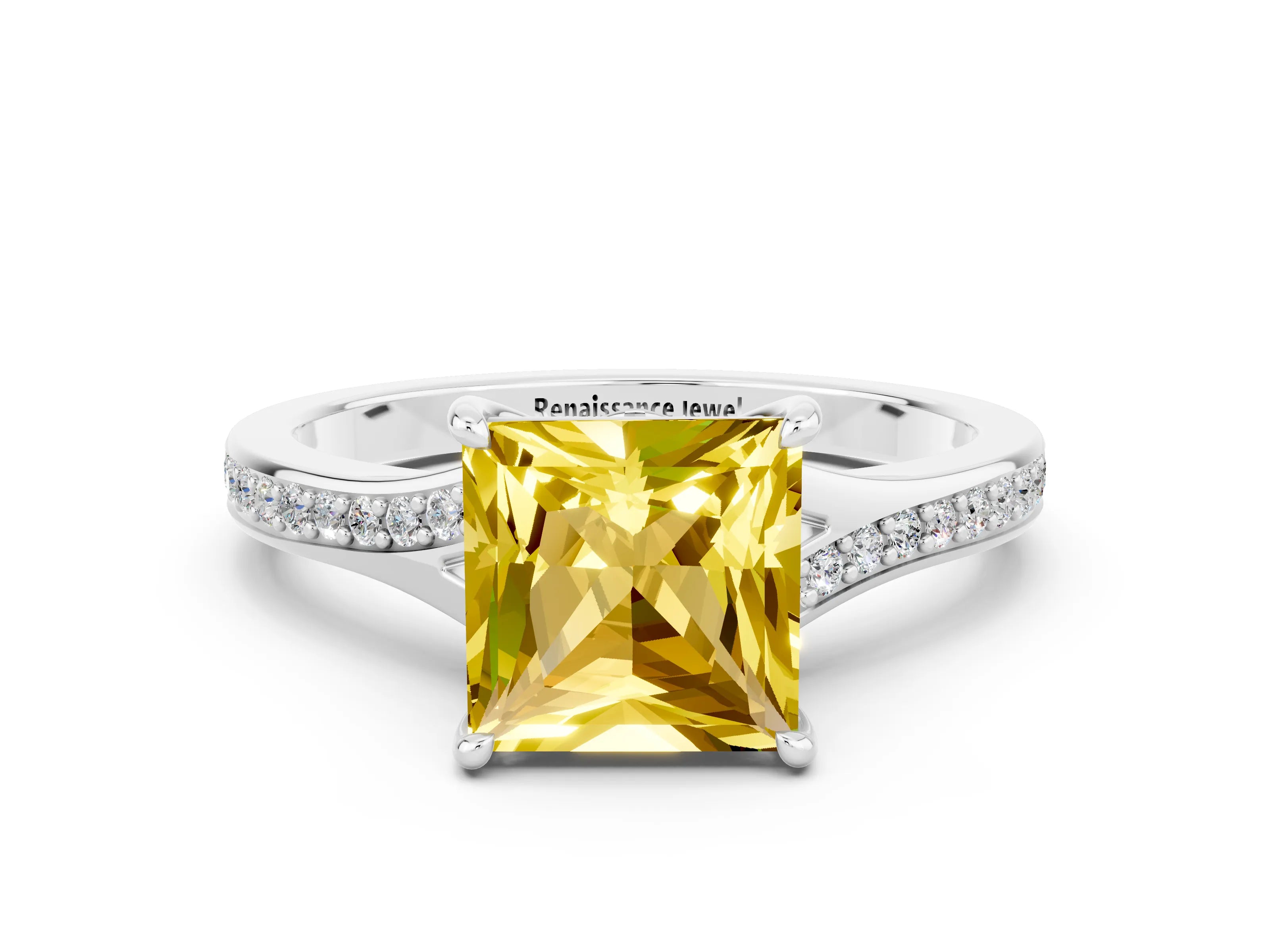 White gold Princess Cut Yellow Sapphire Solitaire Ring with Pavé Band and Prong Setting_12