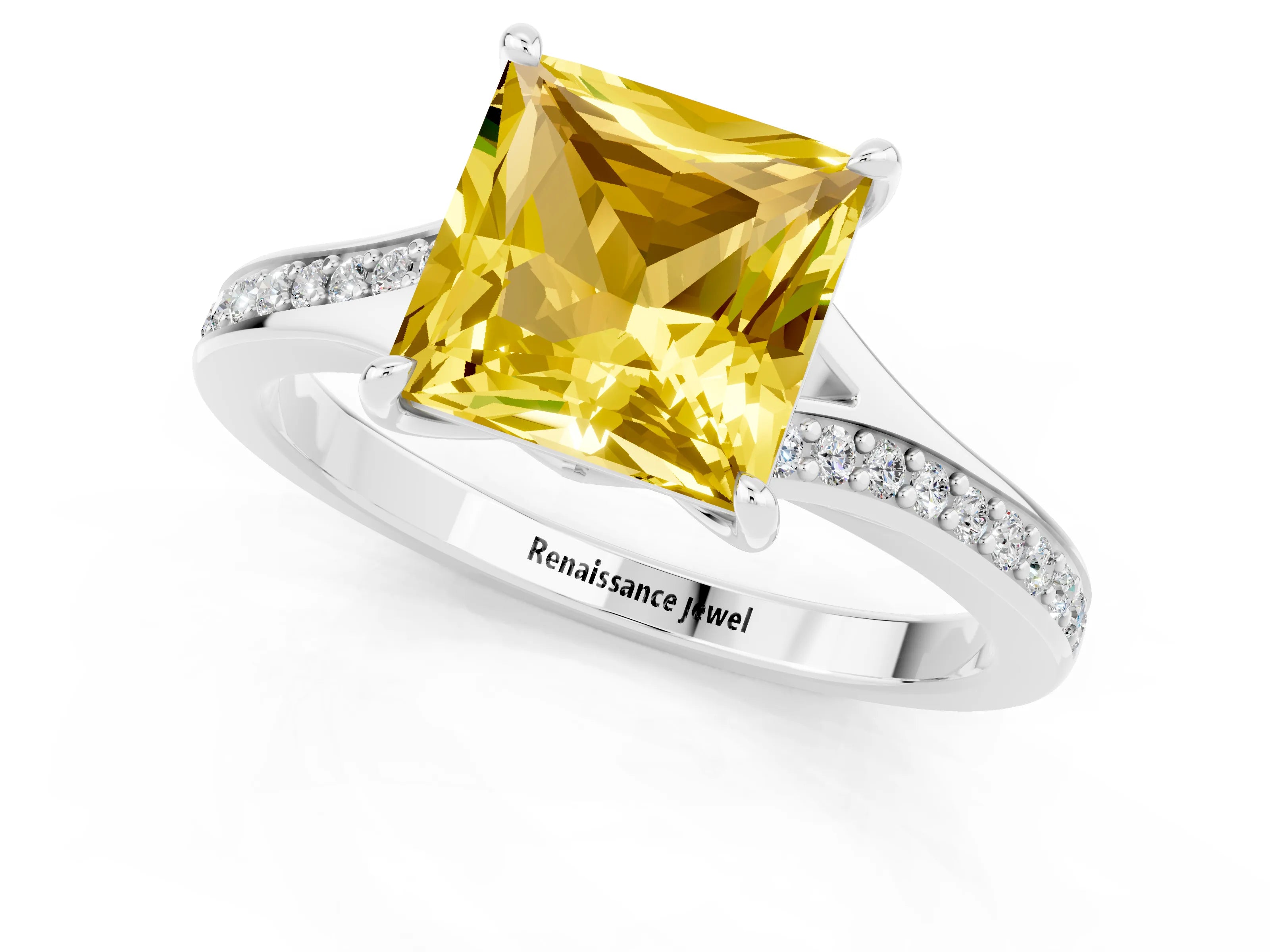 White gold Princess Cut Yellow Sapphire Solitaire Ring with Pavé Band and Prong Setting_13