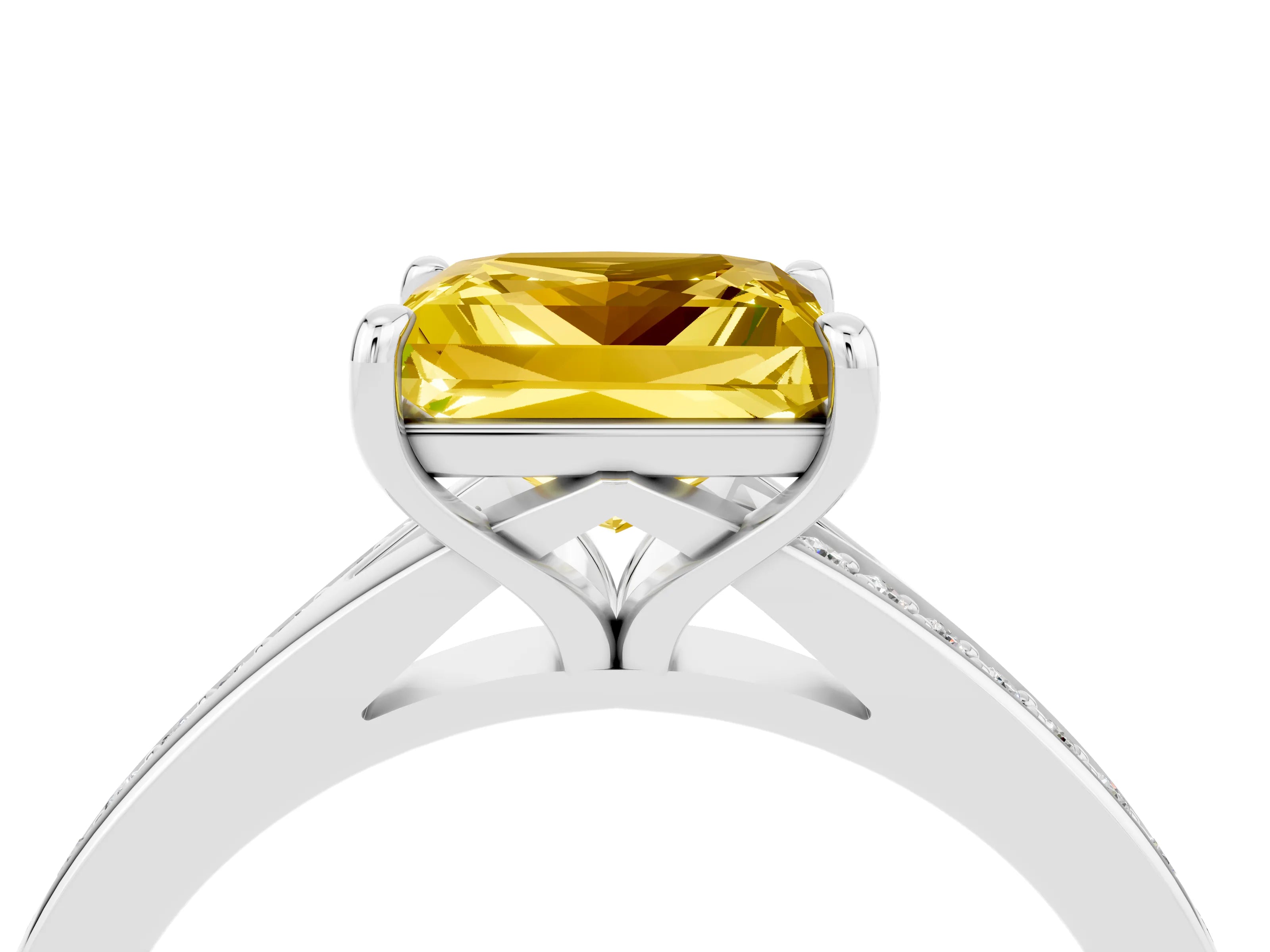 White gold Princess Cut Yellow Sapphire Solitaire Ring with Pavé Band and Prong Setting_16