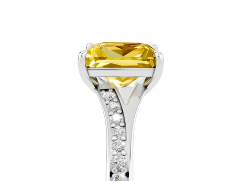 White gold Princess Cut Yellow Sapphire Solitaire Ring with Pavé Band and Prong Setting_17
