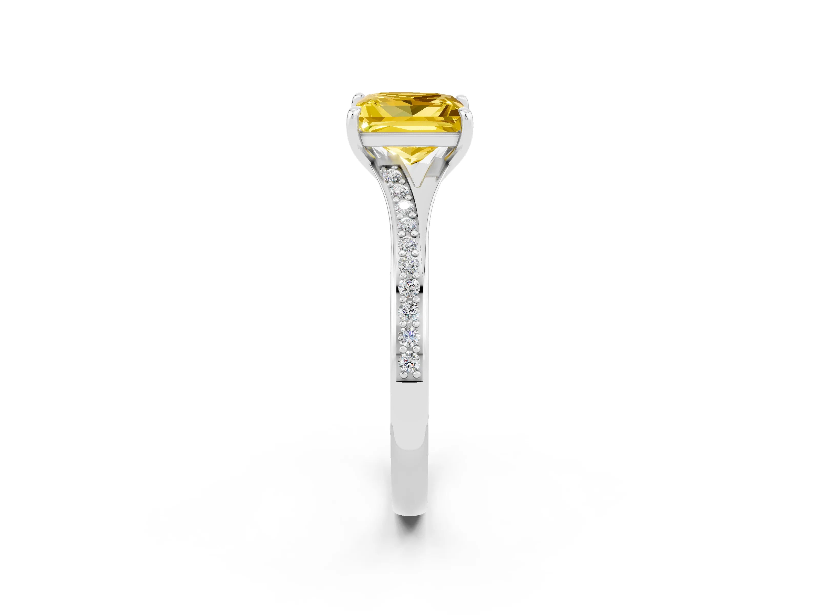 White gold Princess Cut Yellow Sapphire Solitaire Ring with Pavé Band and Prong Setting_2
