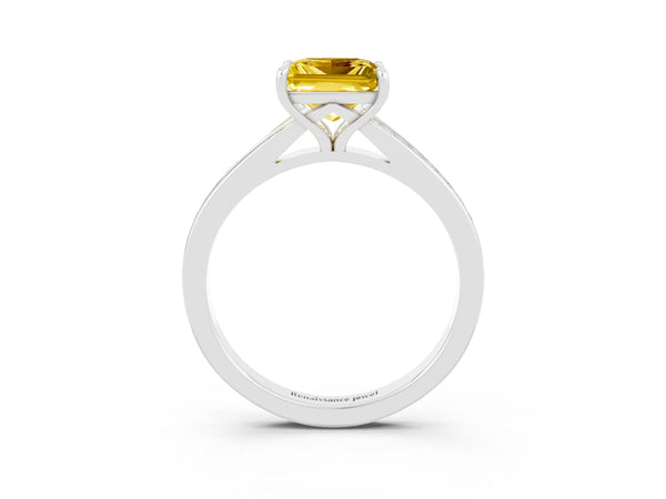 Silver Princess Cut Yellow Sapphire Solitaire Ring with Pavé Band and Prong Setting
