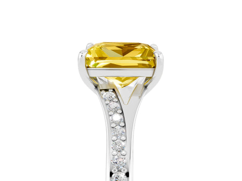 White gold Princess Cut Yellow Sapphire Solitaire Ring with Pavé Band and Prong Setting_5