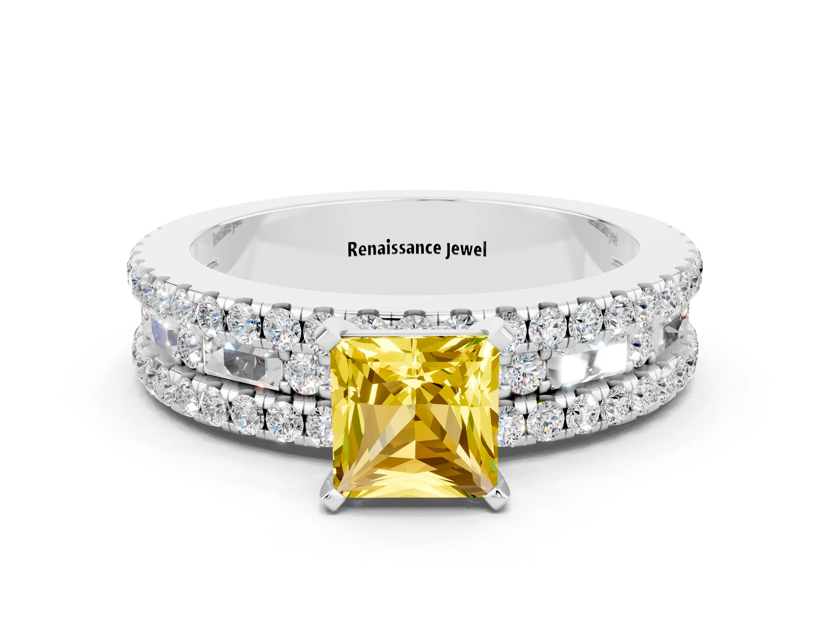 White gold Princess Cut Yellow Sapphire Solitaire Ring with Pavé and Channel Set Band_24