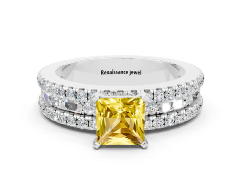White gold Princess Cut Yellow Sapphire Solitaire Ring with Pavé and Channel Set Band_24