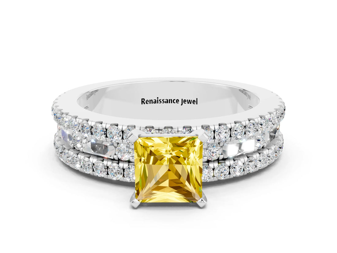 White gold Princess Cut Yellow Sapphire Solitaire Ring with Pavé and Channel Set Band_24