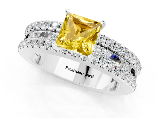 White gold Princess Cut Yellow Sapphire Solitaire Ring with Pavé and Channel Set Band