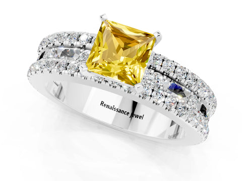 White gold Princess Cut Yellow Sapphire Solitaire Ring with Pavé and Channel Set Band_25