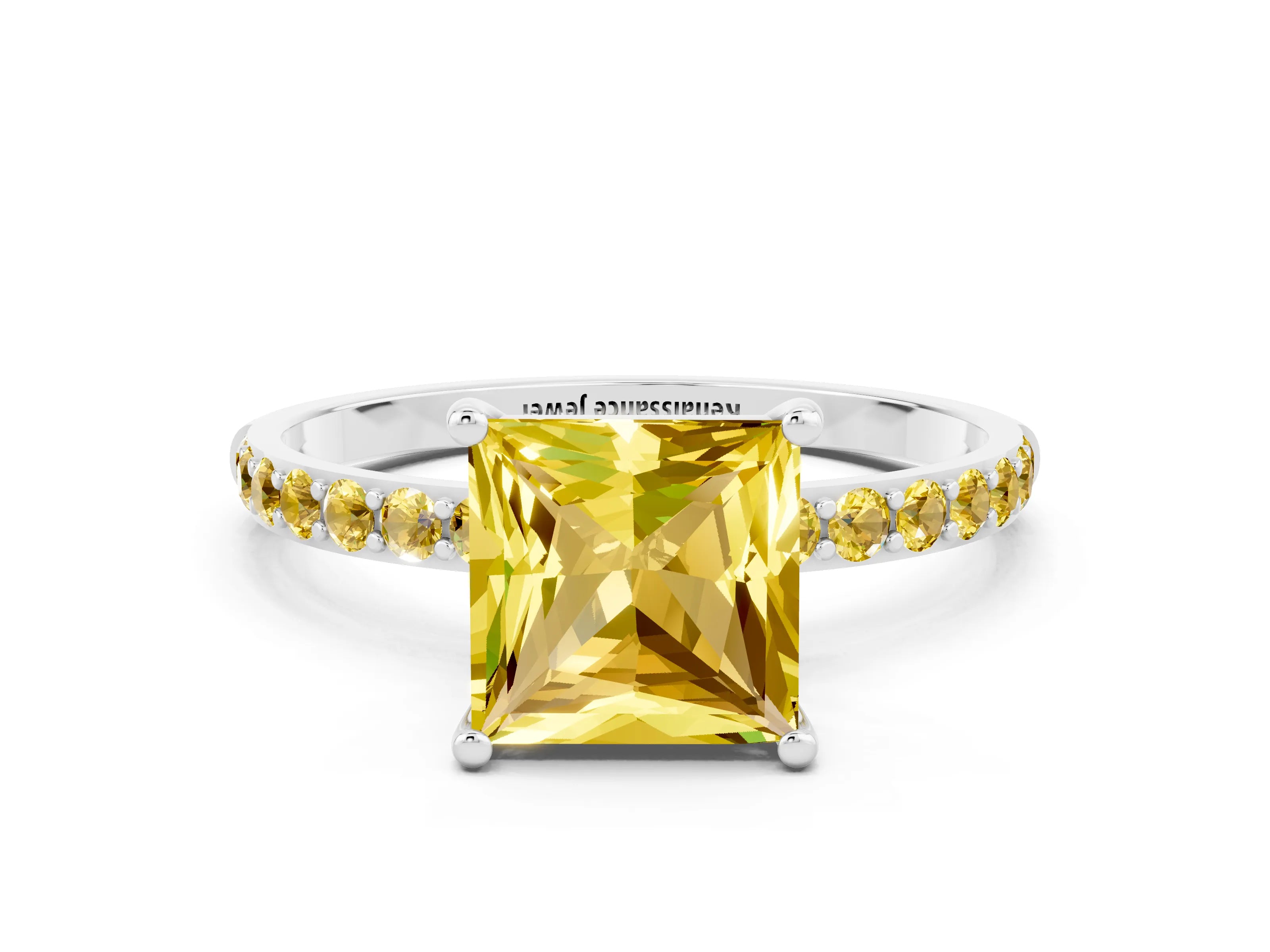 White gold Princess Cut Yellow Sapphire Solitaire Ring with Pave Band and Four Prong Setting_12